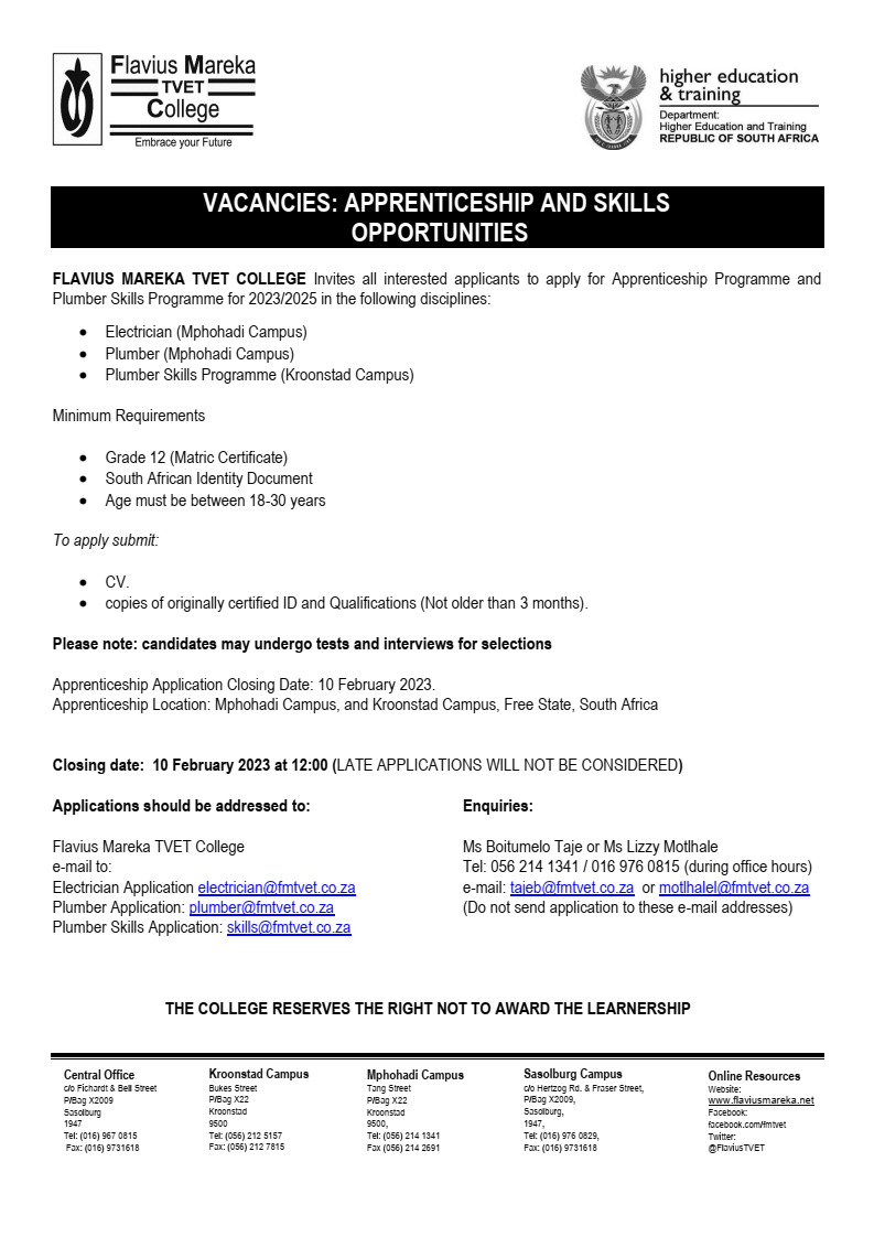 Learnership – Flavius Mareka TVET College