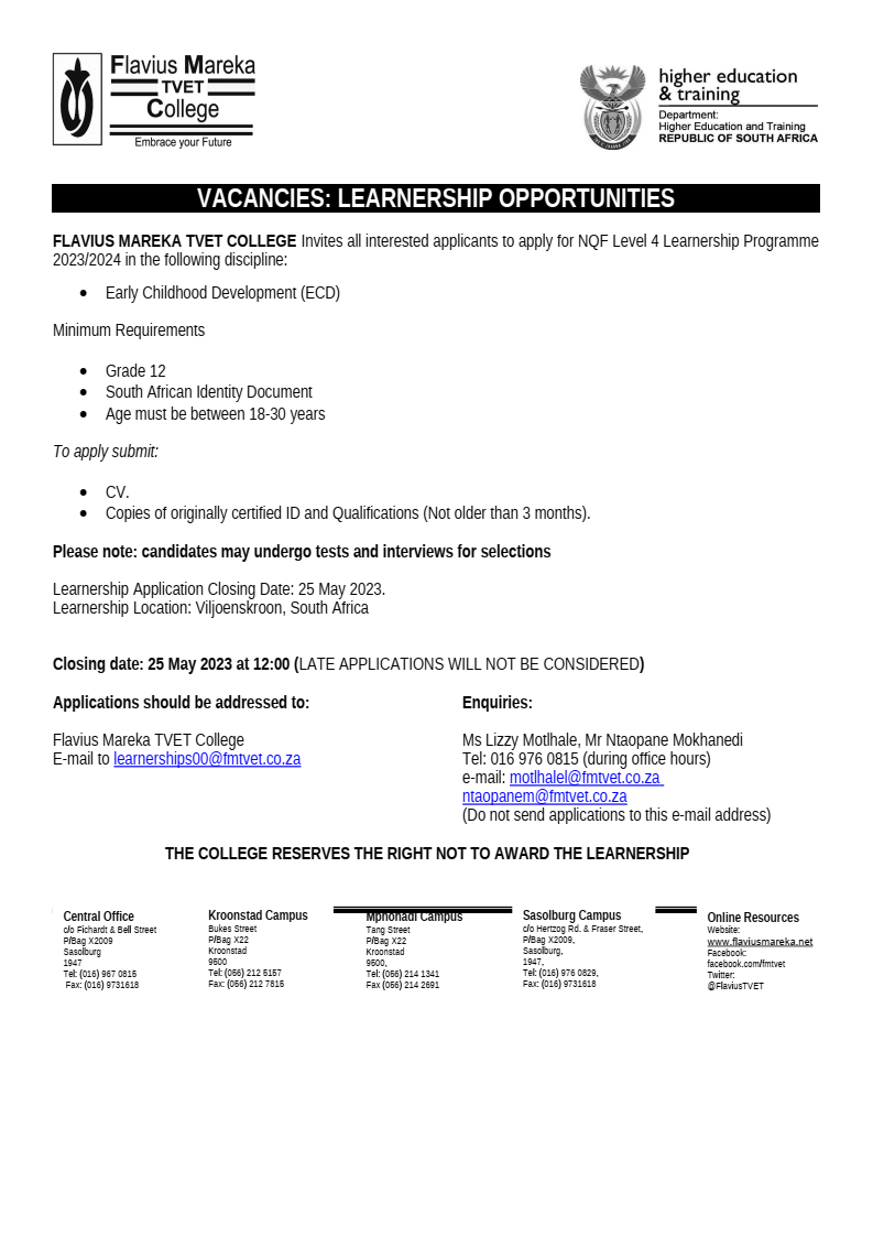 Learnership – Flavius Mareka TVET College